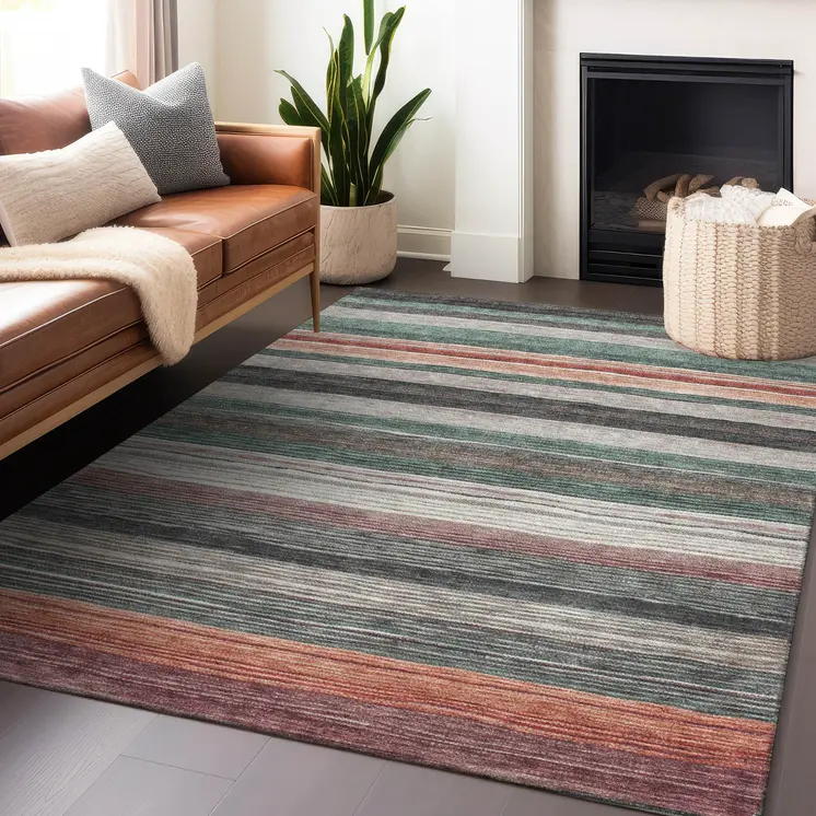 9' X 12' Pale Aqua Copper And Taupe Striped Washable Indoor Outdoor Area Rug