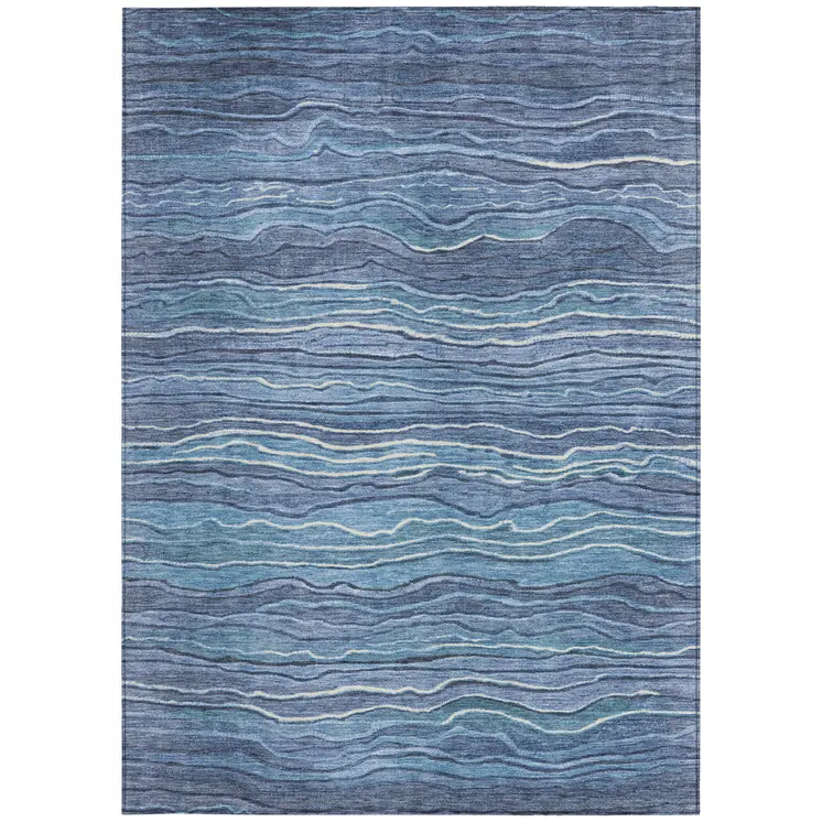 5' X 8' Denim Blue And Sky Blue Abstract Washable Indoor Outdoor Area Rug