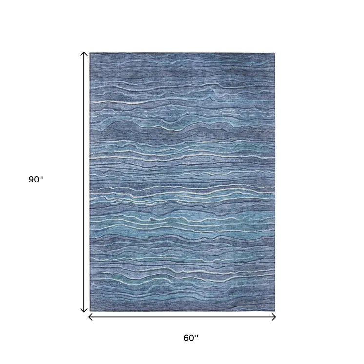 5' X 8' Denim Blue And Sky Blue Abstract Washable Indoor Outdoor Area Rug