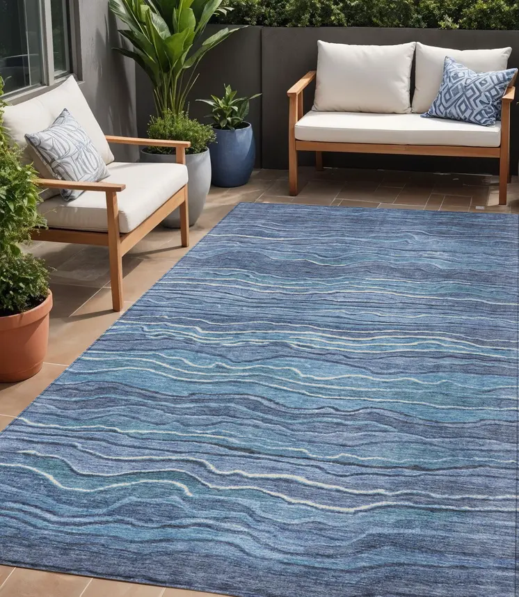 5' X 8' Denim Blue And Sky Blue Abstract Washable Indoor Outdoor Area Rug