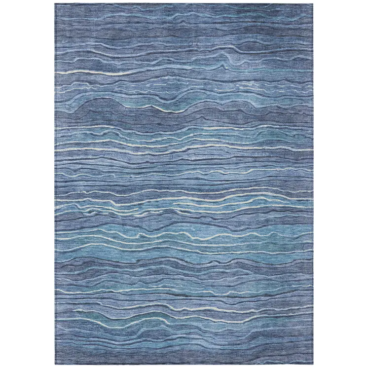 5' X 8' Denim Blue And Sky Blue Abstract Washable Indoor Outdoor Area Rug