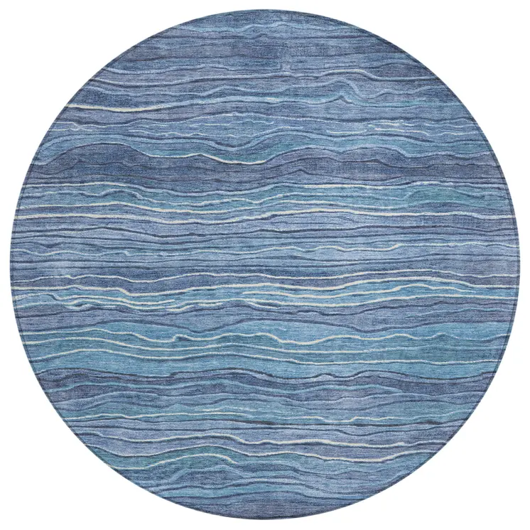 8' Denim Blue And Sky Blue Round Abstract Washable Indoor Outdoor Area Rug