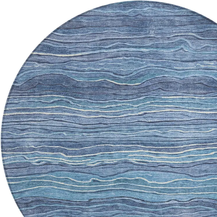 8' Denim Blue And Sky Blue Round Abstract Washable Indoor Outdoor Area Rug