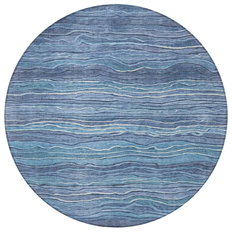 8' Denim Blue And Sky Blue Round Abstract Washable Indoor Outdoor Area Rug