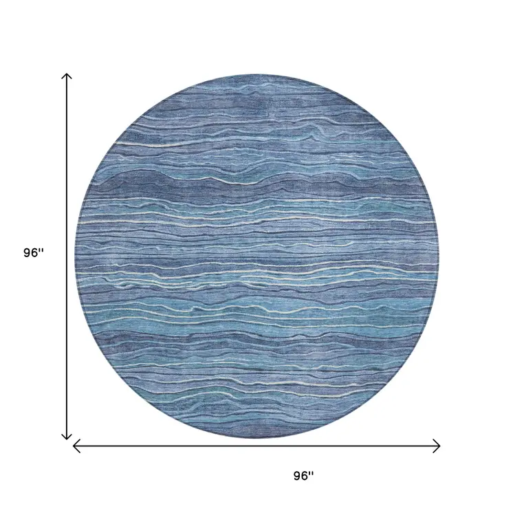 8' Denim Blue And Sky Blue Round Abstract Washable Indoor Outdoor Area Rug