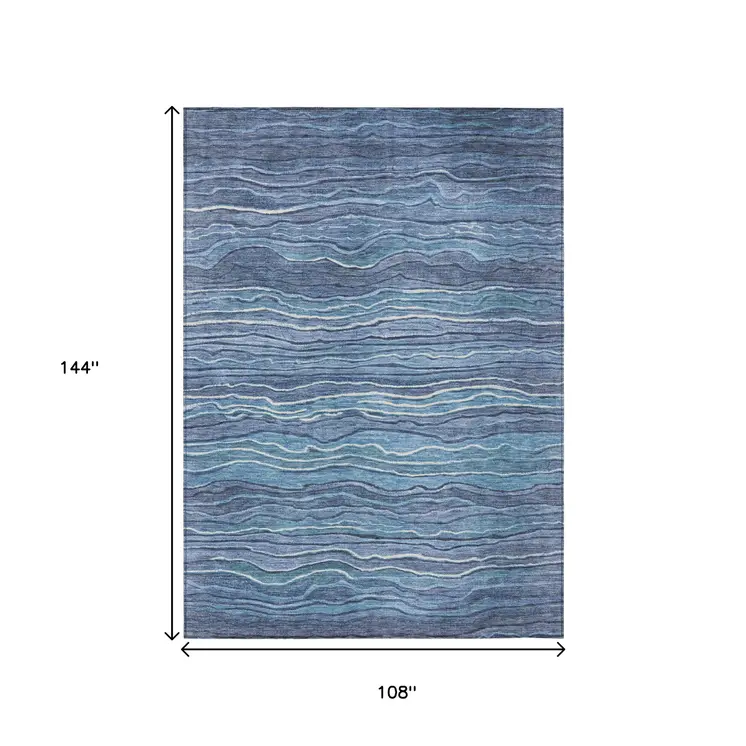 9' X 12' Denim Blue And Sky Blue Abstract Washable Indoor Outdoor Area Rug