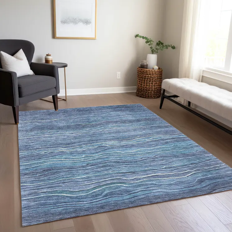 9' X 12' Denim Blue And Sky Blue Abstract Washable Indoor Outdoor Area Rug