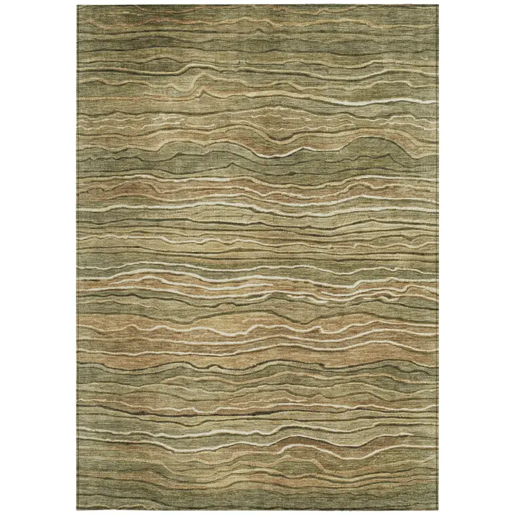 3' X 5' Fern Green And Taupe Abstract Washable Indoor Outdoor Area Rug