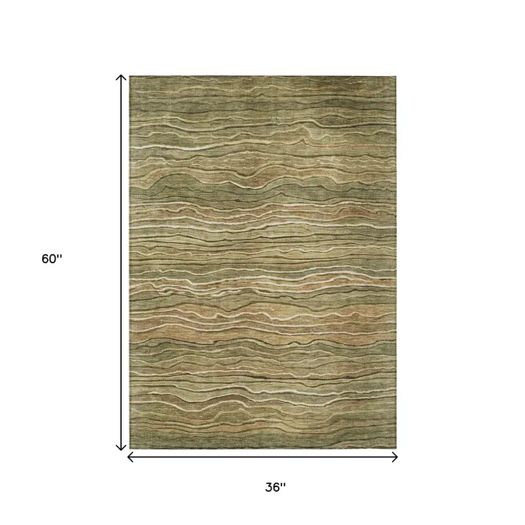 3' X 5' Fern Green And Taupe Abstract Washable Indoor Outdoor Area Rug