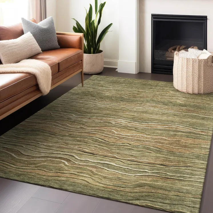 3' X 5' Fern Green And Taupe Abstract Washable Indoor Outdoor Area Rug