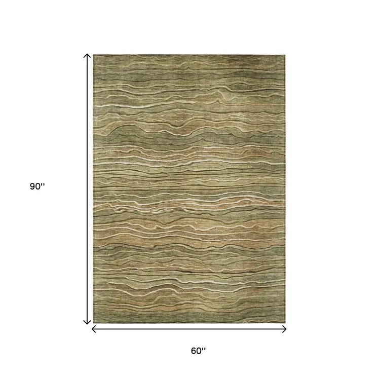 5' X 8' Fern Green And Taupe Abstract Washable Indoor Outdoor Area Rug