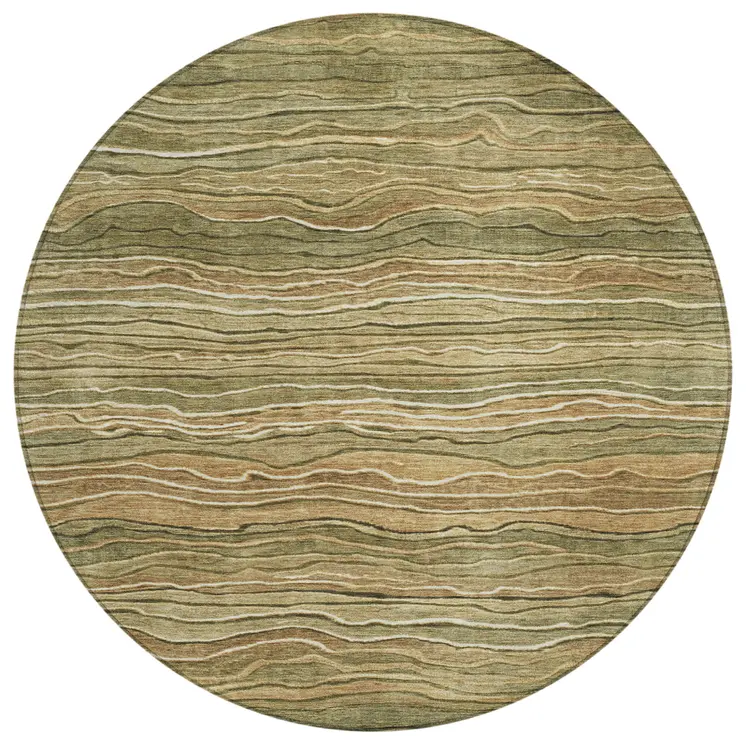 8' Fern Green And Taupe Round Abstract Washable Indoor Outdoor Area Rug