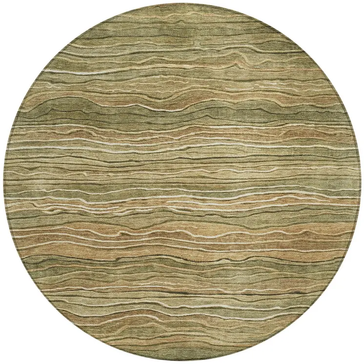8' Fern Green And Taupe Round Abstract Washable Indoor Outdoor Area Rug