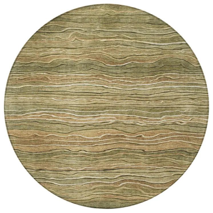 8' Fern Green And Taupe Round Abstract Washable Indoor Outdoor Area Rug
