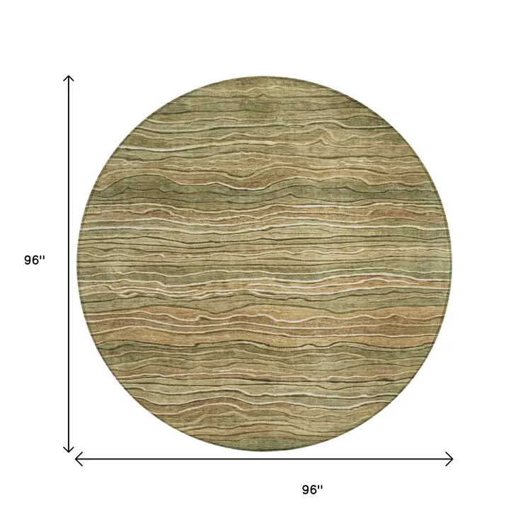 8' Fern Green And Taupe Round Abstract Washable Indoor Outdoor Area Rug