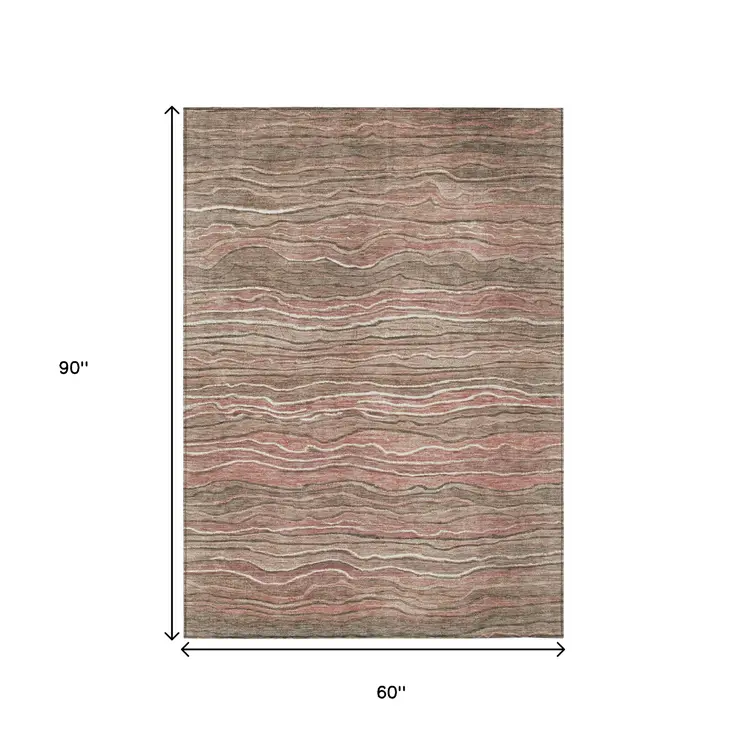 5' X 8' Brown And Copper Abstract Washable Indoor Outdoor Area Rug