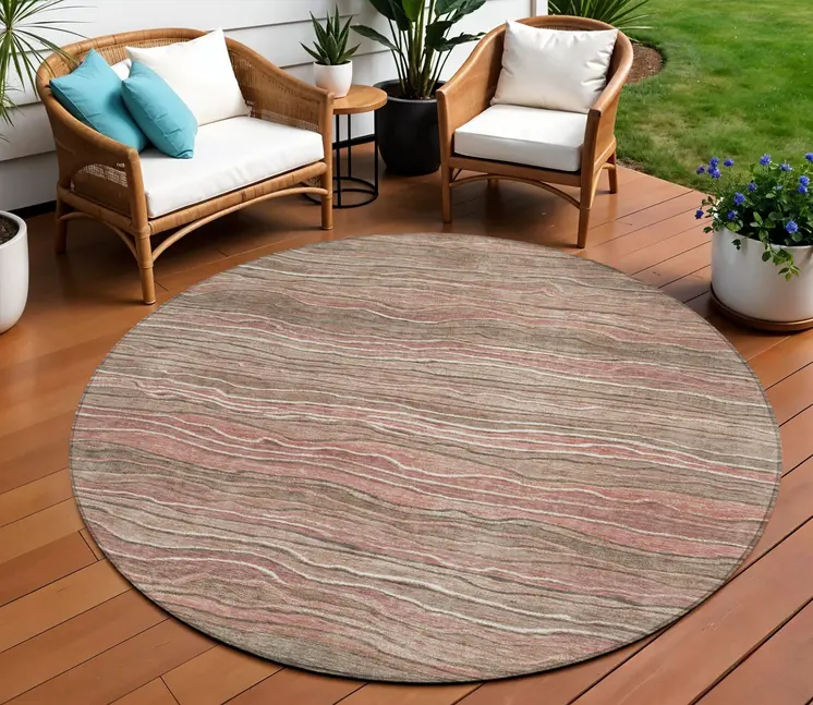 8' Brown And Copper Round Abstract Washable Indoor Outdoor Area Rug