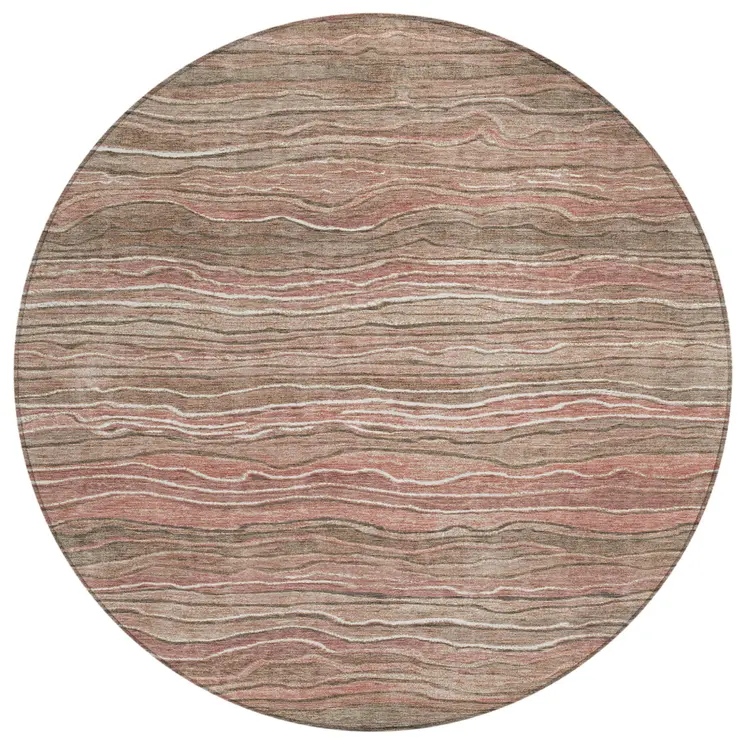 8' Brown And Copper Round Abstract Washable Indoor Outdoor Area Rug