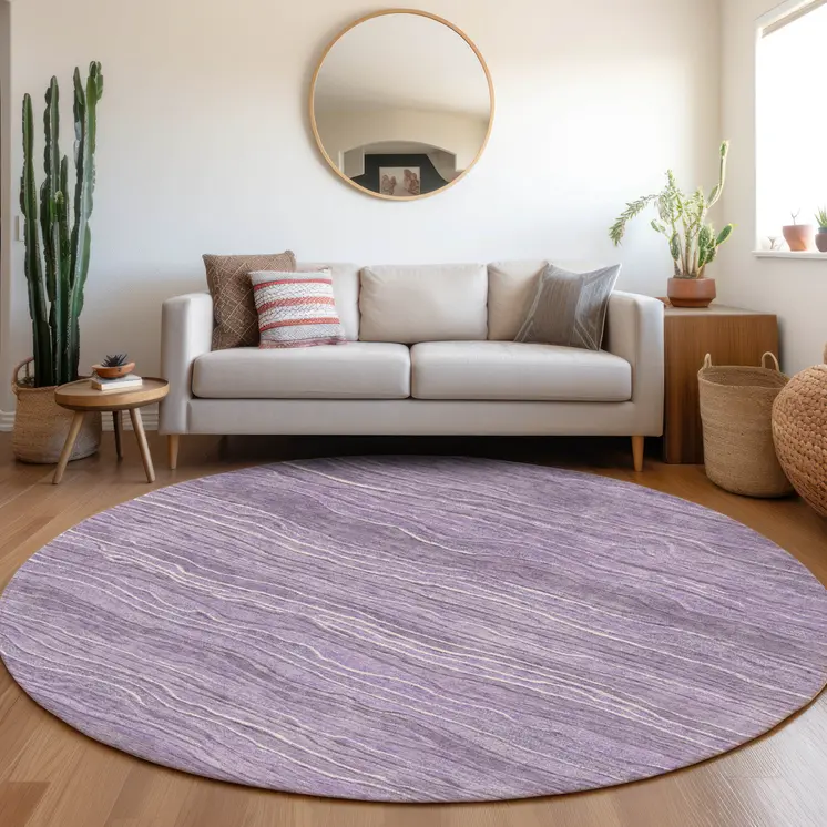 8' Purple And Lavender Round Abstract Washable Indoor Outdoor Area Rug
