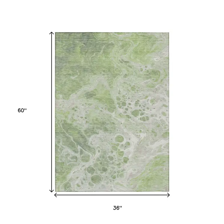 3' X 5' Artichoke Green And Ivory Abstract Washable Indoor Outdoor Area Rug
