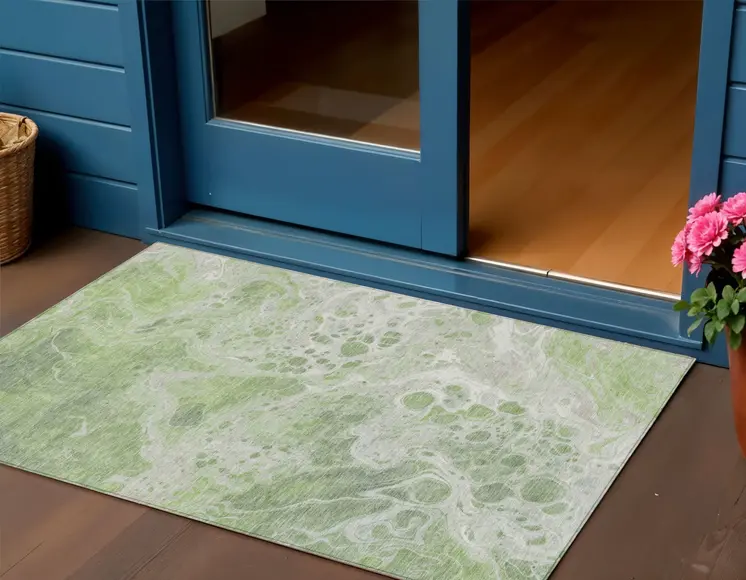 3' X 5' Artichoke Green And Ivory Abstract Washable Indoor Outdoor Area Rug