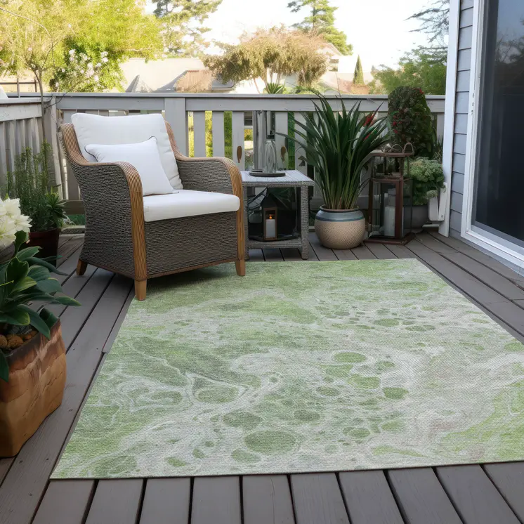 3' X 5' Artichoke Green And Ivory Abstract Washable Indoor Outdoor Area Rug