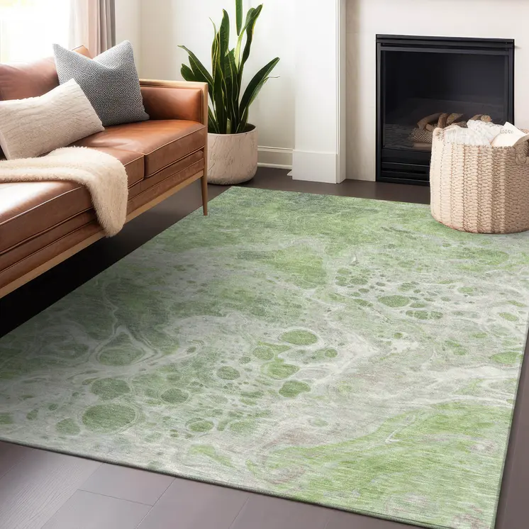 3' X 5' Artichoke Green And Ivory Abstract Washable Indoor Outdoor Area Rug