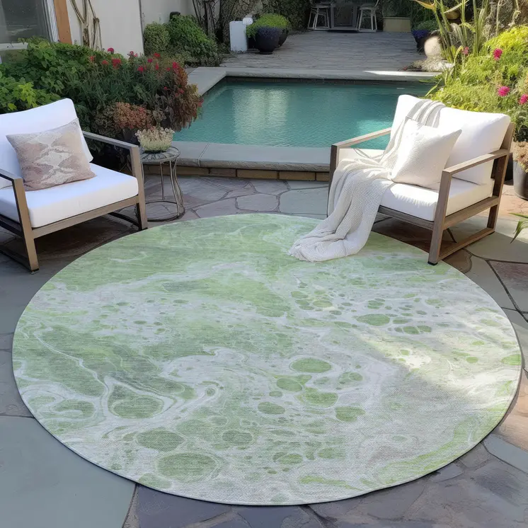 8' Artichoke Green And Ivory Round Abstract Washable Indoor Outdoor Area Rug