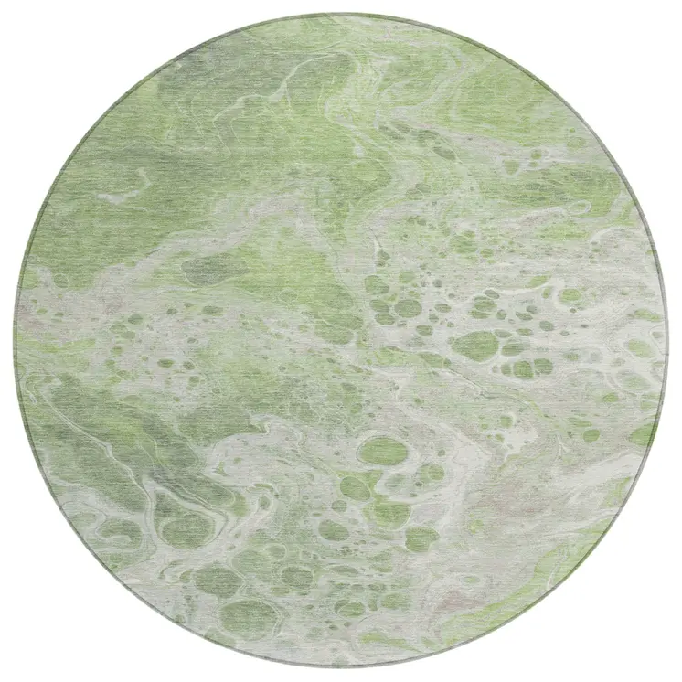 8' Artichoke Green And Ivory Round Abstract Washable Indoor Outdoor Area Rug