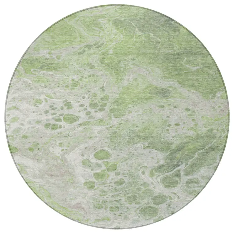 8' Artichoke Green And Ivory Round Abstract Washable Indoor Outdoor Area Rug