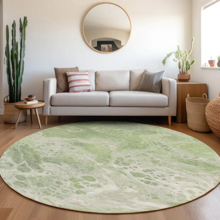 8' Artichoke Green And Ivory Round Abstract Washable Indoor Outdoor Area Rug