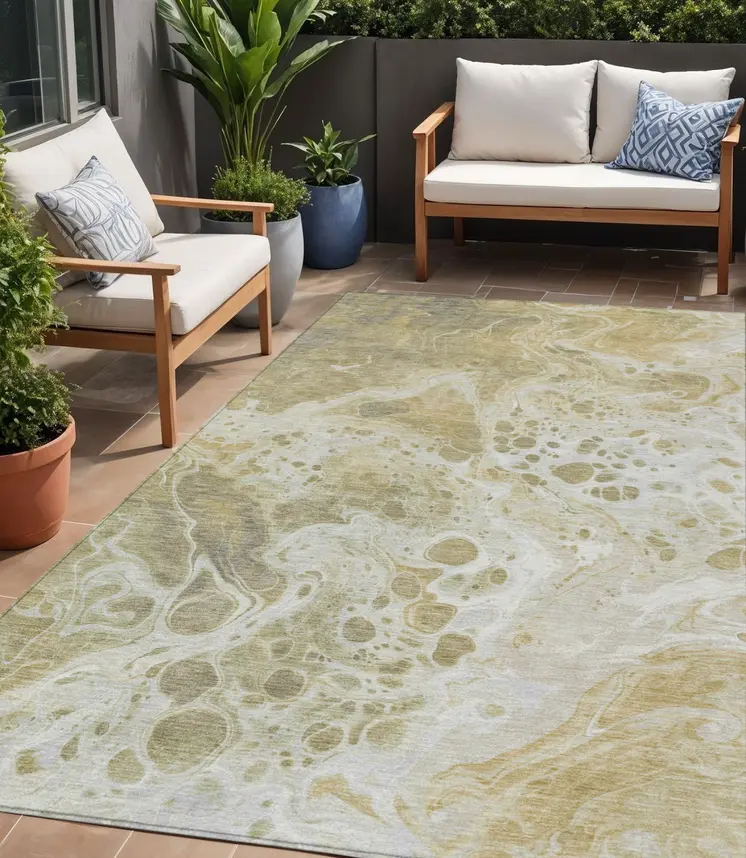 5' X 8' Gold And Ivory Abstract Washable Indoor Outdoor Area Rug
