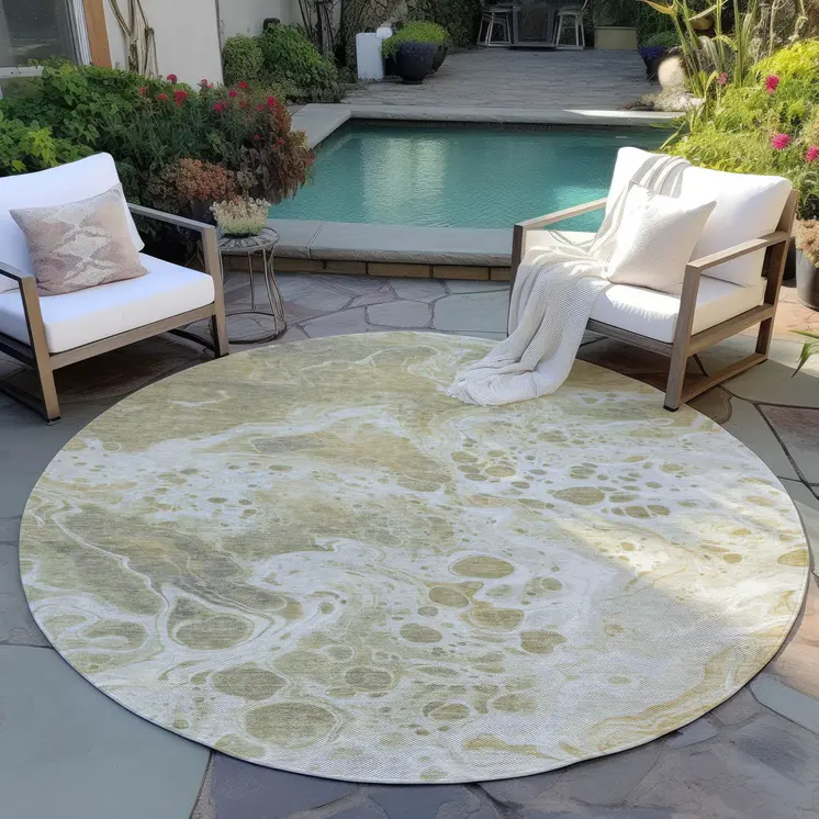 8' Gold And Ivory Round Abstract Washable Indoor Outdoor Area Rug