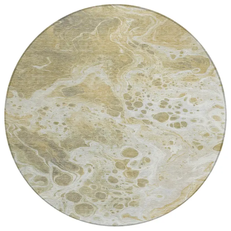 8' Gold And Ivory Round Abstract Washable Indoor Outdoor Area Rug