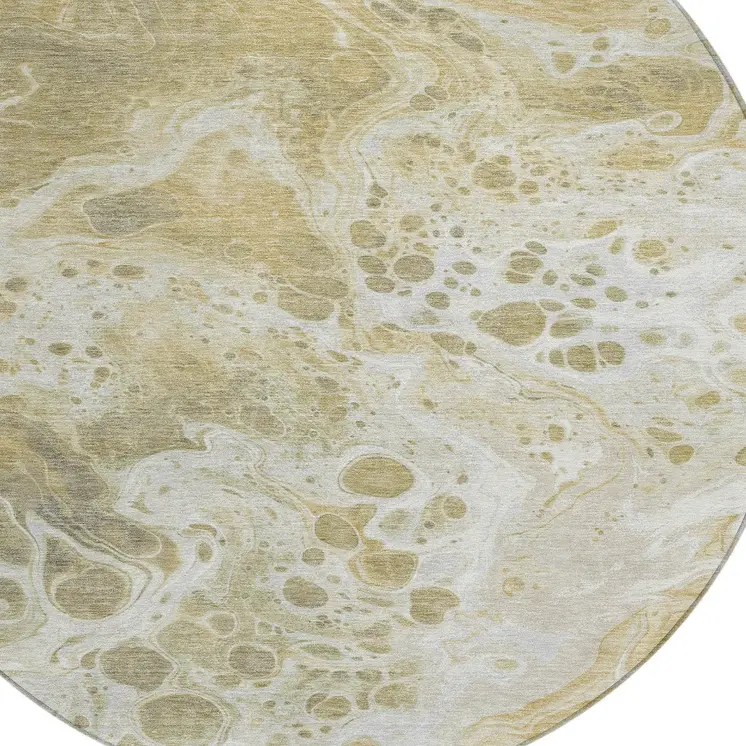 8' Gold And Ivory Round Abstract Washable Indoor Outdoor Area Rug