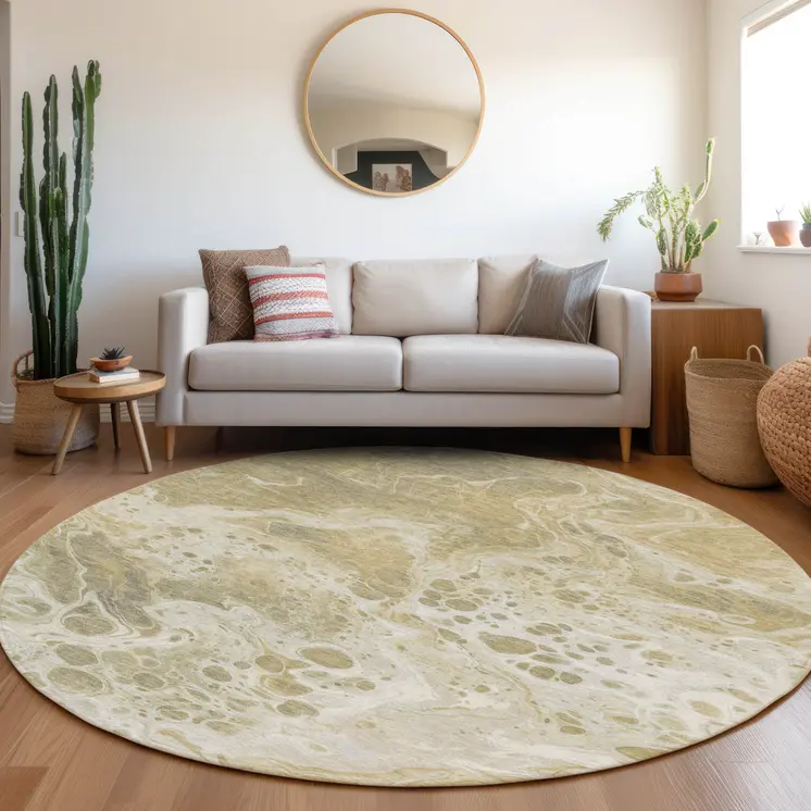 8' Gold And Ivory Round Abstract Washable Indoor Outdoor Area Rug