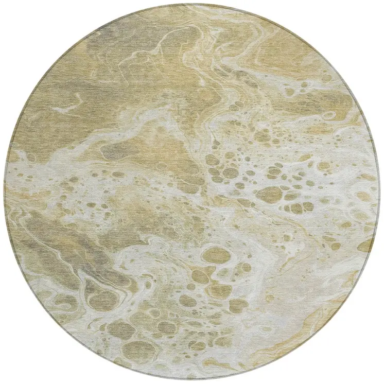 8' Gold And Ivory Round Abstract Washable Indoor Outdoor Area Rug
