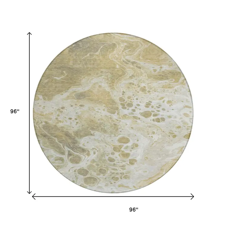8' Gold And Ivory Round Abstract Washable Indoor Outdoor Area Rug