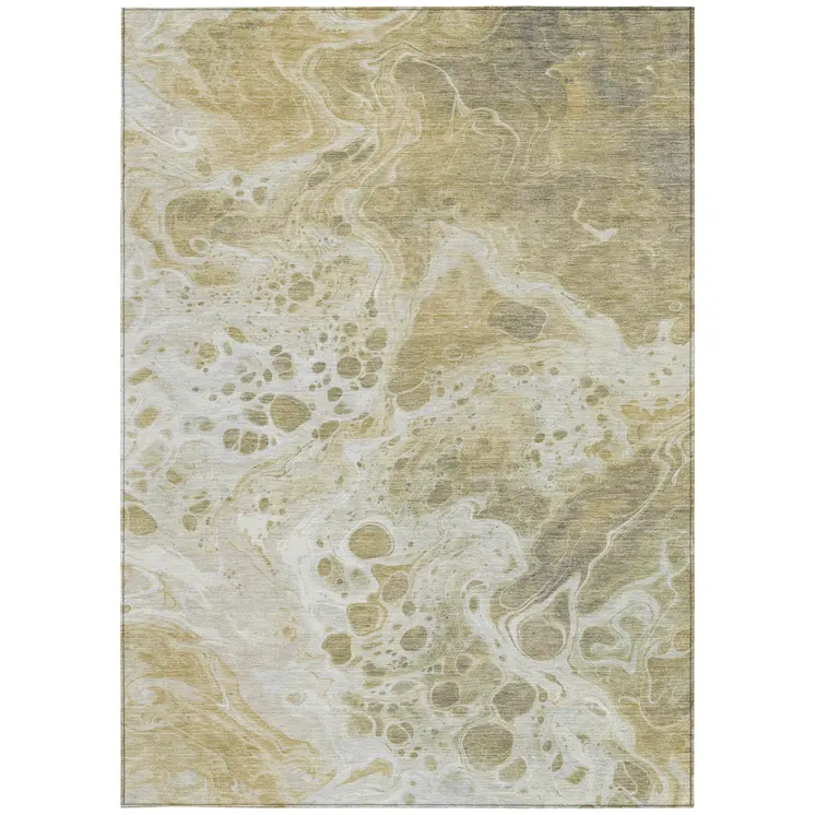 8' X 10' Gold And Ivory Abstract Washable Indoor Outdoor Area Rug