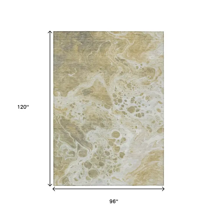 8' X 10' Gold And Ivory Abstract Washable Indoor Outdoor Area Rug
