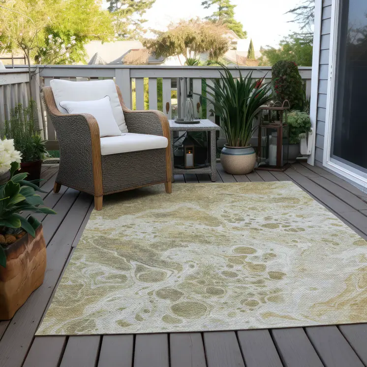 8' X 10' Gold And Ivory Abstract Washable Indoor Outdoor Area Rug