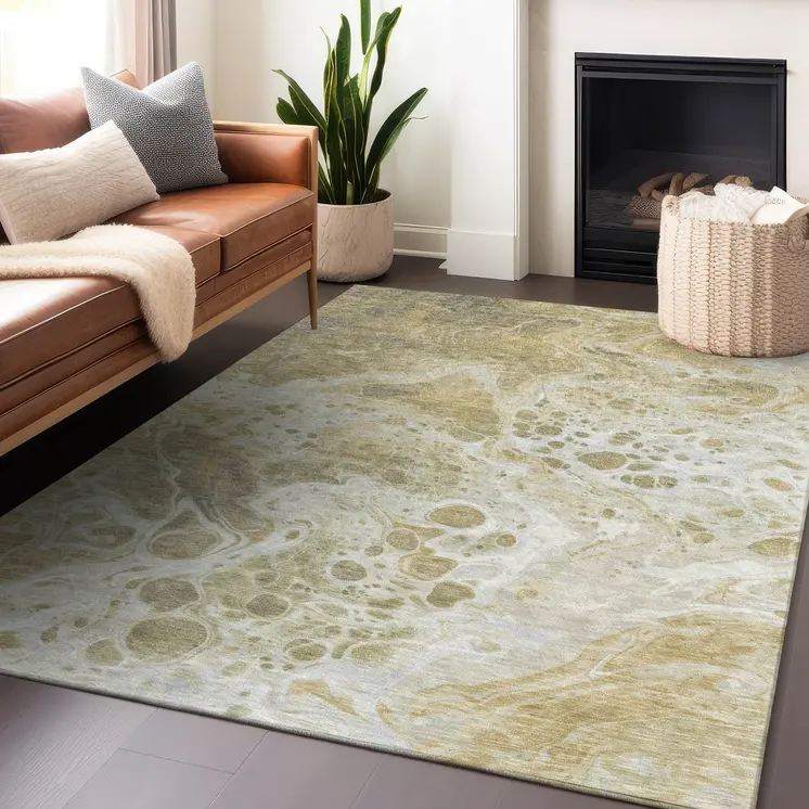 8' X 10' Gold And Ivory Abstract Washable Indoor Outdoor Area Rug