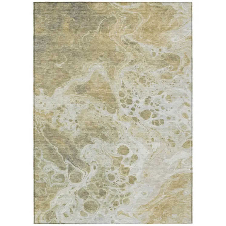 9' X 12' Gold And Ivory Abstract Washable Indoor Outdoor Area Rug