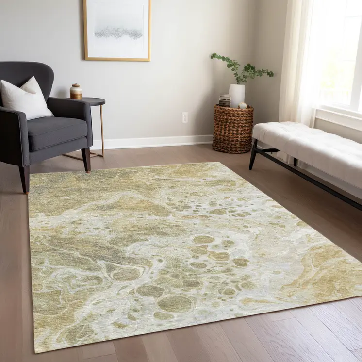 9' X 12' Gold And Ivory Abstract Washable Indoor Outdoor Area Rug