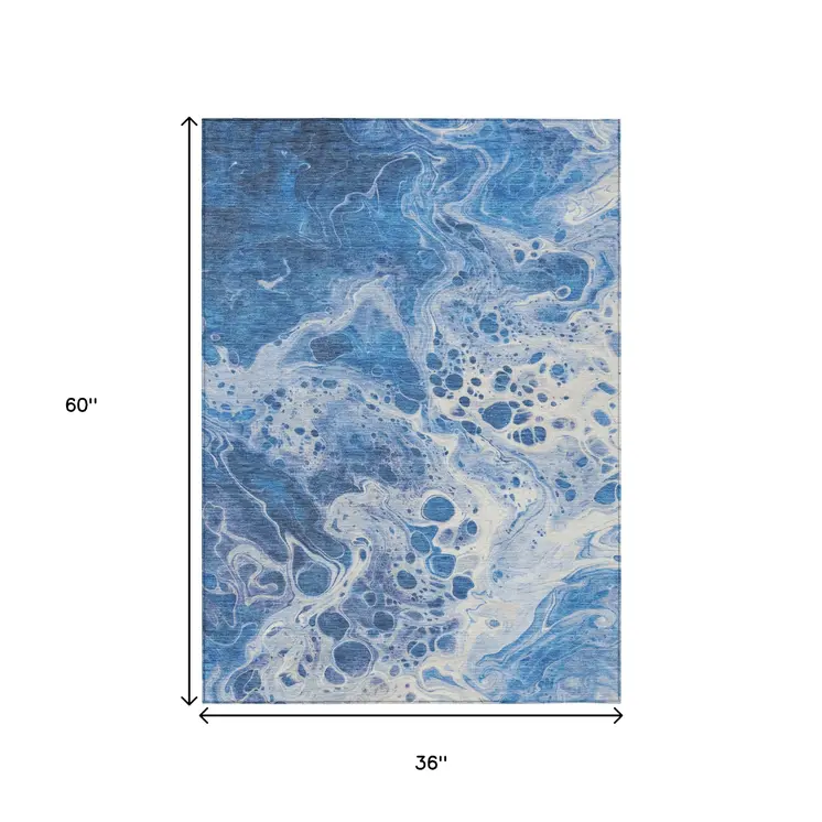 3' X 5' Navy Blue And Ivory Abstract Washable Indoor Outdoor Area Rug
