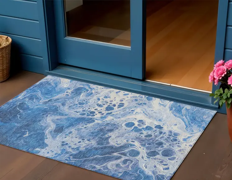 3' X 5' Navy Blue And Ivory Abstract Washable Indoor Outdoor Area Rug
