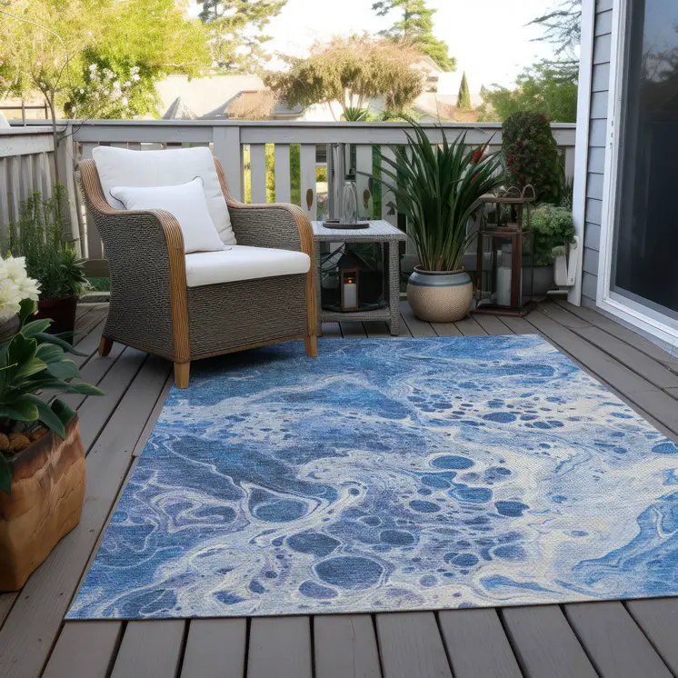 3' X 5' Navy Blue And Ivory Abstract Washable Indoor Outdoor Area Rug