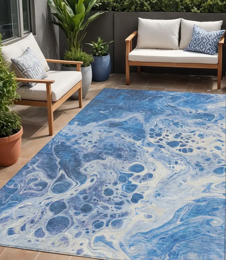5' X 8' Navy Blue And Ivory Abstract Washable Indoor Outdoor Area Rug