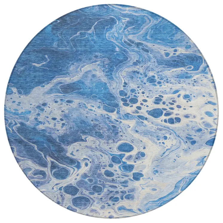 8' Navy Blue And Ivory Round Abstract Washable Indoor Outdoor Area Rug