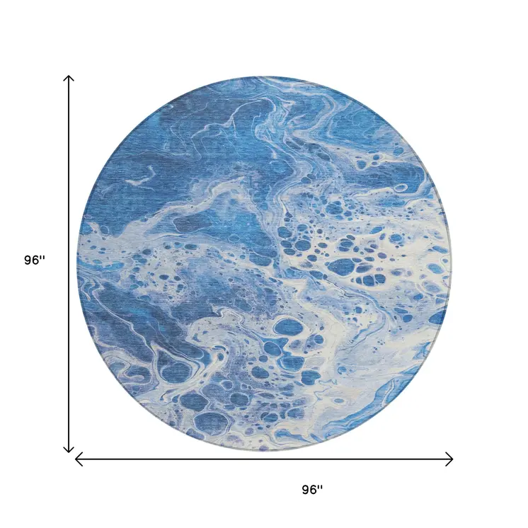 8' Navy Blue And Ivory Round Abstract Washable Indoor Outdoor Area Rug